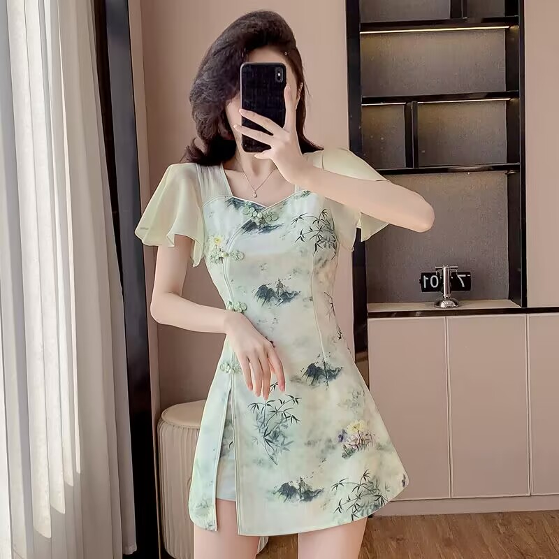 Fly Line - ฤดูร้อนสไตล์จีนหวาน Cheongsam ชุดสองชิ้นอารมณ์ชุดและกางเกงขาสั้นใหม่ปรับปรุงแฟชั่น 2 ชิ้นชุดผู้หญิงชุด