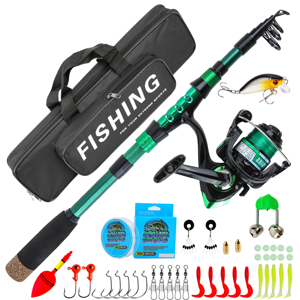 Fishing Line Spooler - ชุดคันเบ็ดตกปลาทะเลแบบยืดหดได้ คาร์บอนไฟเบอร์สีเขียว 1.8 เมตร พร้อมอุปกรณ์ตกปลาครบชุดในกล่องเก็บของ