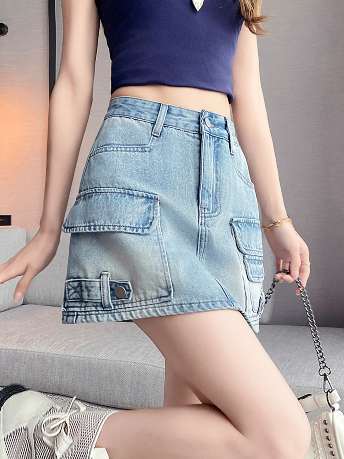 กระโปรงยีนส์ทรงเอเอวสูงสำหรับผ - Fly Line บทวิจารณ์และราคา
